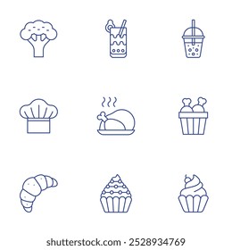 Lebensmittelsymbole festgelegt. Stil der dünnen Linie, bearbeitbarer Strich. Brokkoli, Glockentee, Koch, Huhn, Hühnereimer, Croissant, Cupcake.