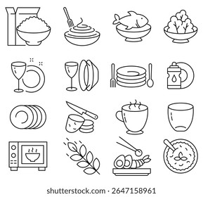 Food icons set in thin line art style. Food line icon set salad, octopus soup, funchose, clam, chinese chicken, kebab and more. Vector illustration