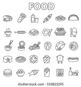 Food icons set. Various foodstuff, thin line design. Ready-made food, linear symbols collection.