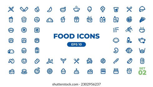 Food icons set. Vector. Fruits, vegetables, meat, seafood, fresh healthy food, beverages, drinks, cutlery, sweets, fast food. Isolated on white background. Line icons collection. Eps10 illustration.