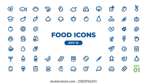 Food icons set. Vector. Fruits, vegetables, meat, seafood, fresh healthy food, beverages, drinks, cutlery, sweets, fast food. Isolated on white background. Line icons collection. Eps10 illustration.