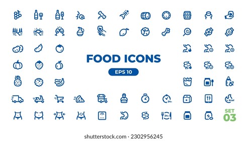 Food icons set. Vector. Fruits, vegetables, meat, seafood, fresh healthy food, beverages, drinks, cutlery, sweets, fast food. Isolated on white background. Line icons collection. Eps10 illustration.