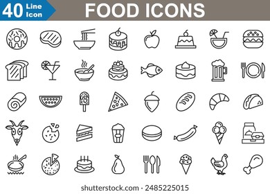 Food icons set vector illustration. cocktail, pancakes, bread, chocolate and more. 