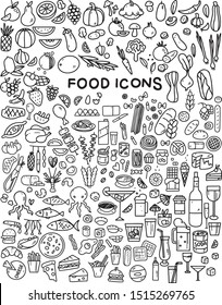 Food icons set. Vector on white background. Flat design, outline style.