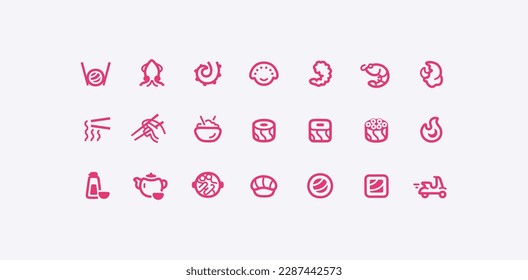 Food icons set. Vector. Sushi, rolls, asian, japanese food. Isolated on the white background. Line icons collection. Food and drinks. Eps10 illustration.