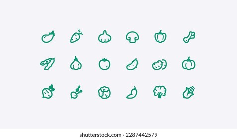 Los iconos de la comida están configurados. Vector. Verduras, comida fresca saludable. Aislado sobre el fondo blanco. Colección de iconos de línea. Ilustración Eps10.