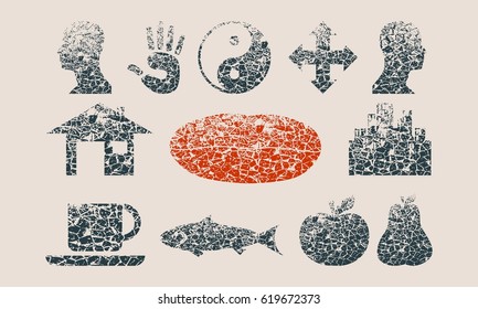 Food icons set for web and user interface. Cracked silhouettes