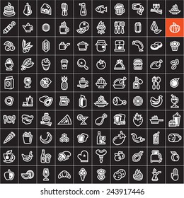 Food icons set. White food icons on black background.