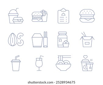 Iconos de comida. Estilo de línea delgada, estilo editable. hamburguesa, comida china, bebida, bebidas, refrescos, comida, menú, nueces, omega, yakisoba.