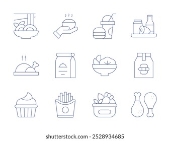 Food icons. Thin Line style, editable stroke. fast, package, french fries, fried chicken, healthy food, sweet food, yakisoba, roast chicken, salad.