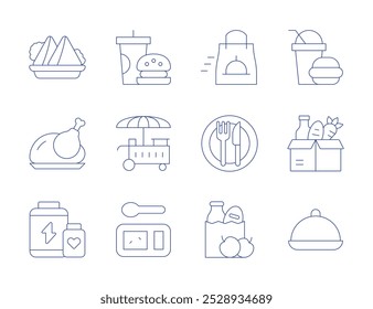 Food icons. Thin Line style, editable stroke. fast delivery, fast food, food cart, donation, tray, grocery bag, samosa, supplementary, turkey, restaurant.