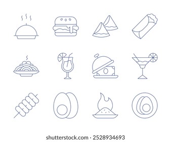 Food icons. Thin Line style, editable stroke. burger, burrito, cocktail, egg, eggs, samosa, spaguetti, spicy food, tokbokki, tray.