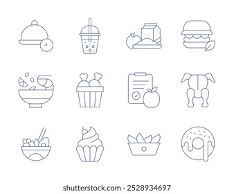 Food icons. Thin Line style, editable stroke. bubble tea, burger, chicken bucket, chicken, cupcake, donut, tom yum, lunch time, lunch, nutrition, poke bowl, potato.