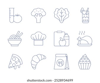 Iconos de comida. Estilo de línea delgada, estilo editable. brócoli, té de burbujas, chef, pollo, croissant, cupcake, comida para llevar, laboratorio, lechuga, fideos, nutrición, rebanada de pizza.