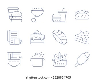 Iconos de comida. Estilo de línea delgada, estilo editable. comida para bebés, banh mi, pastel, cocina, corndog, comida chatarra, periódico, nigiri, pho, picnic.