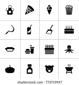 Food icons. vector collection filled food icons. includes symbols such as sickle, pig, medicine bottle, pumpkin, scoop, apron, cake, pizza. use for web, mobile and ui design.