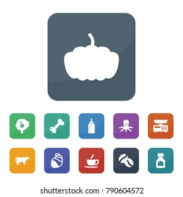 Food icons. vector collection filled food icons such as cow, coffee bean, medicine bottle, pumpkin, fruit tree, baby bottle, kitchen scale, dog bone, shell, octopus