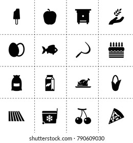 Food icons. vector collection filled food icons. includes symbols such as field, sickle, cherry, bag, harvest, corn, fish, hive, eggs. use for web, mobile and ui design.