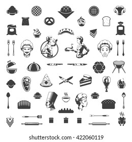 Food Icons Vector Design Elements. Chef Woman and Man Silhouette Isolated On White Background. 