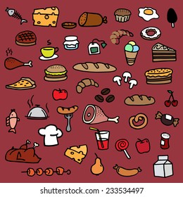 Food icons vector drawings drawn by hand in color.