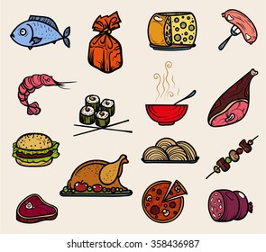 Food icons. Vector illustration. Hand drawing on a graphic tablet.