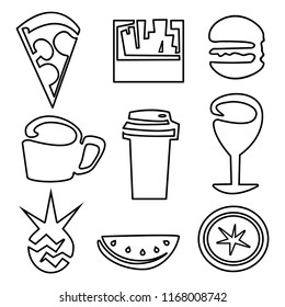 Food icons. Vector. Pizza, french fry, hamburger, bocal, glass, mug, pineapple, watermelon, orange.