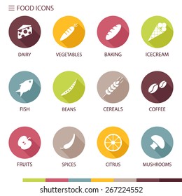 Food icons vector set. Template elements for restaurant menu. Organic food. Colorful flat design.