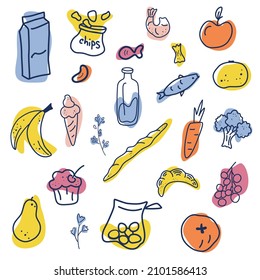 Food icons. Vegetables, fruits, fish, drinks, sweets. Contour drawing with colored spots. For menus of restaurants, shops and printing. Vector cartoon Illustration