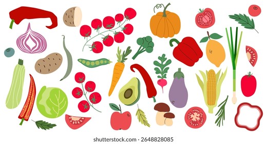 Food Illusion. A collection of vegetables in a simple minimalistic style. Tomatoes, pumpkin, avocado, cabbage, chilli pepper, carrots, green peas and aubergine Vector illustration