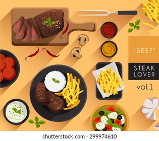 Food Illustration : Beef Steak Set : Vector Illustration