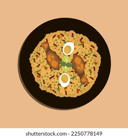 Food illustration, Biryani Spicy Indian Malabar biryani Hyderabadi biryani, Dum Biriyani pulao golden bowl Kerala India Sri Lanka Pakistan basmati rice mixed rice dish with meat curry Ramadan 