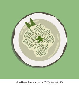 Food illustration, Bubur Kacang Hijau. Javanese dessert porridge of mung beans with coconut milk. Served in an earthenware bowl. A popular starter food for breaking the fast during Ramadan