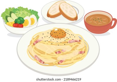 food illustration Carbonara spaghetti (pasta)lunch set