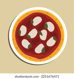 Caricatura de ilustraciones gastronómicas, el arquetipo de una pizza de costra delgada, una pizza margherita adornada simplemente con los colores de la bandera italiana verde de albahaca, blanco de mozzarella, rojo de la salsa de tomate.