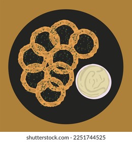Food illustration cartoon, Homemade crunchy fried onion rings with tomato sauce. vector illustration for poster design