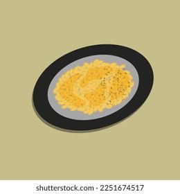 Food illustration Cartoon, Mac and cheese, american style macaroni pasta with cheesy sauce and crunchy breadcrumbs topping on white plate, top view for poster design