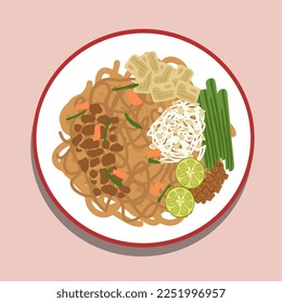 Food Illustration Cartoon, Noodles with Padthai sauce, Healthy Vegetarian menu, Padthai noodle with smoke tofu and mixed vegetable, chinese baby Bok Choy , garlic chive and crushed peanut topping. 