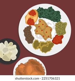 Food illustration cartoon, Padang Rice with Chicken Curry and spicy chicken liver - nasi padang top view for poster design