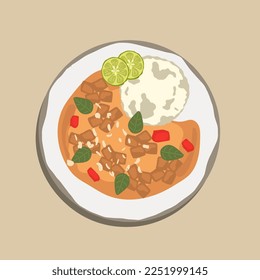 Food illustration Cartoon, Thai curry red soup,Thailand tradition red curry with beef,pork or chicken menu in thai name is panaeng.Curry menu with coconut milk.Panaeng Curry on white plate
