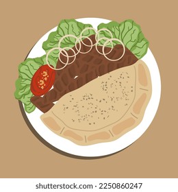 Food Illustration, Cvapcici, Bosnian Hackfleisch/Faschiertes Kebab mit Somun Brot, Zwiebeln und Tortilla