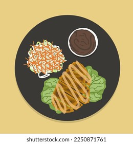 Food illustration, chicken katsu rice served on plates and bowls with salad sprinkled with sauce for poster design