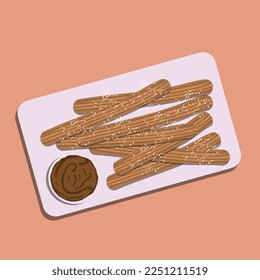 Food illustration, Churros with sugar and chocolate sauce on white plate for poster design.