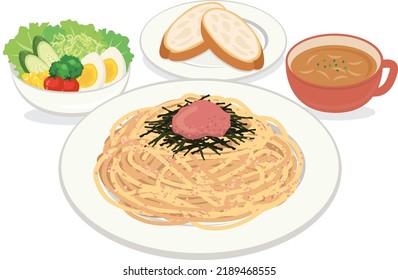 ilustración alimentaria Cod roe spaghetti, mentaiko spaghetti (pasta)
almuerzo