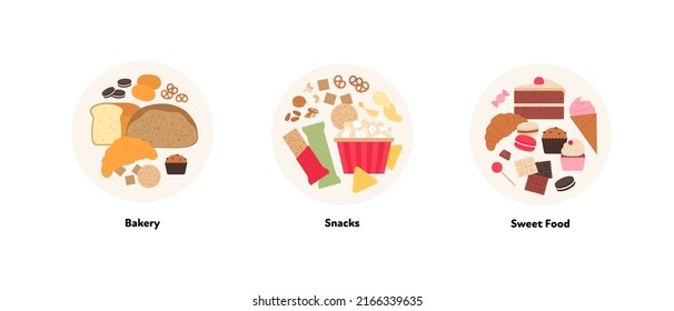 Food illustration collection. Vector flat design of various bakery, snack and sweet food symbol in circle frame isolated on white background.