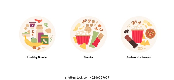 Food illustration collection. Vector flat design of various healthy and unhealthy snack symbol in circle frame isolated on white background.