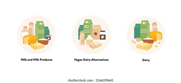 Food illustration collection. Vector flat design of various milk dairy and vegan alternative product symbol in circle frame isolated on white background.
