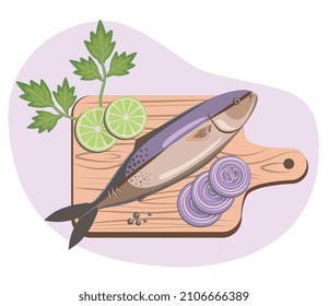 Food illustration. Cooking dish. Fish is lying on the cutting board