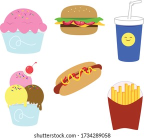 ilustración alimentaria. Cuidada ilustración de la comida. Ilustración minuciosa de diferentes tipos de alimentos. Comida rápida, refresco, patatas fritas, hotdog, cerezo y helado. diferentes tipos de alimentos.
