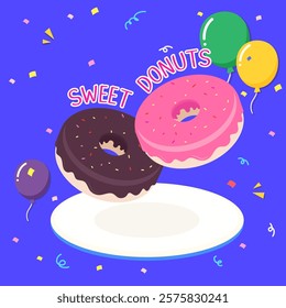 Food illustration. Donuts party full of chocolate and strawberry cream. Vector illustration design.