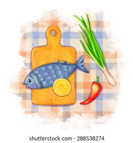 Food illustration. Fish, leek, red chilli pepper, lemon, checkered table cloth, cutting board isolated on white background. Top view
